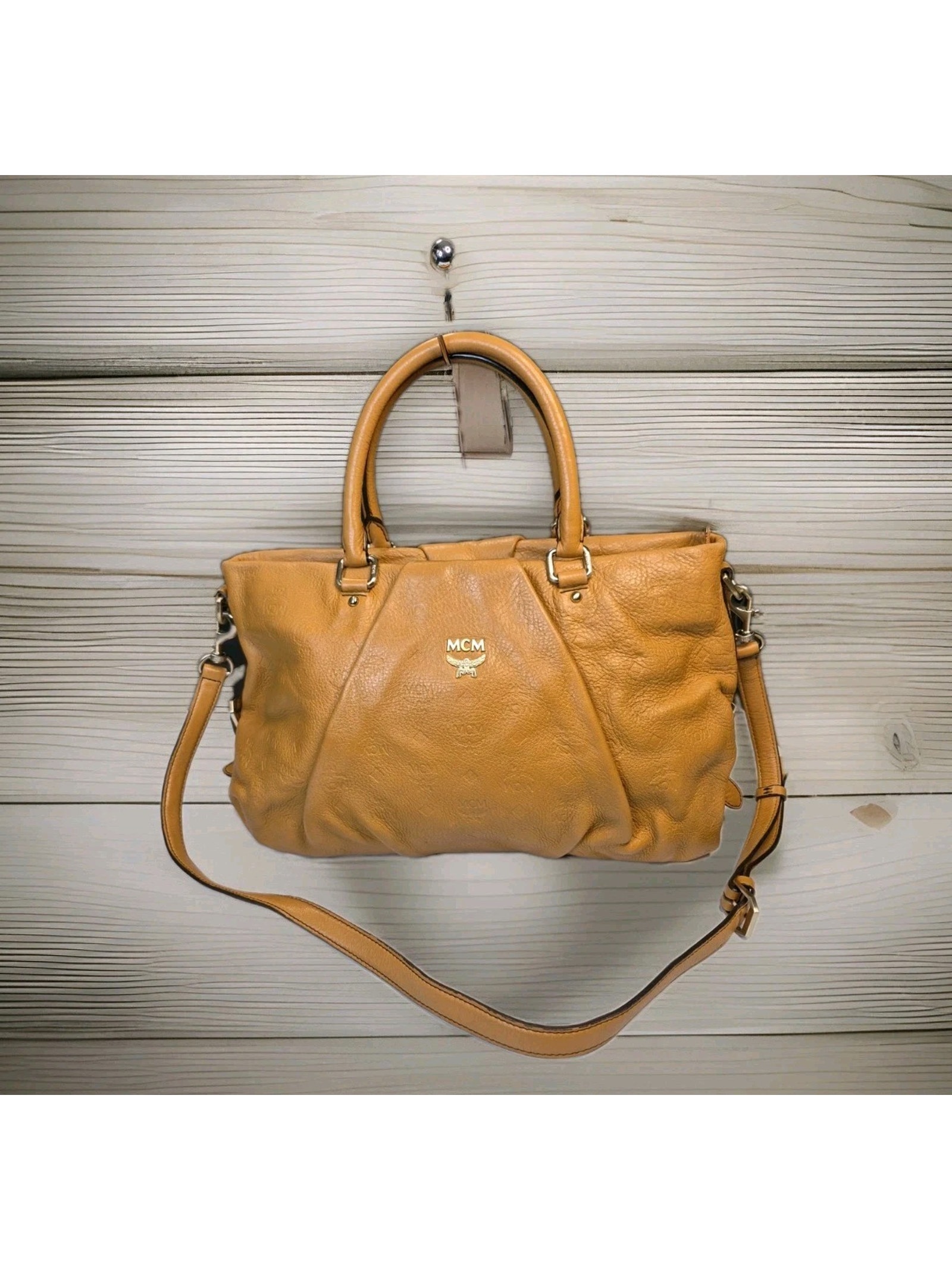 Mcm Visetos Leather Crossbody Purse Camel Tan Embossed Logo Tote Bag Handbag